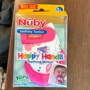NWT Nuby Happy Hands Soothing Teether Mitten - 3mos + White & Pink